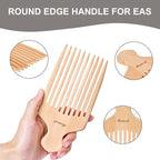 Bamboo Hair Pick for Curly Hair, Premium Wooden Wide Tooth Detangling Comb with Ergonomic Handle, Natural Volume & Styling Tool for Men Women, Fine or Thick Beard Pick
