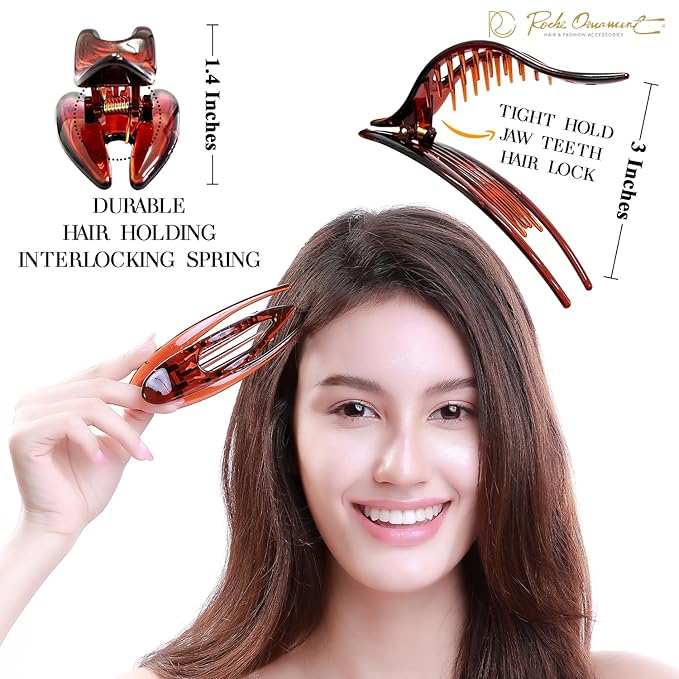 RC ROCHE 6 Pcs Flat Hair Clips Big Claw for Thick Hair French Duckbill Women No Slip Side Slide Curved Alligator Concord Strong Grip Hold Volume Lay Down Clamp, Medium Brown