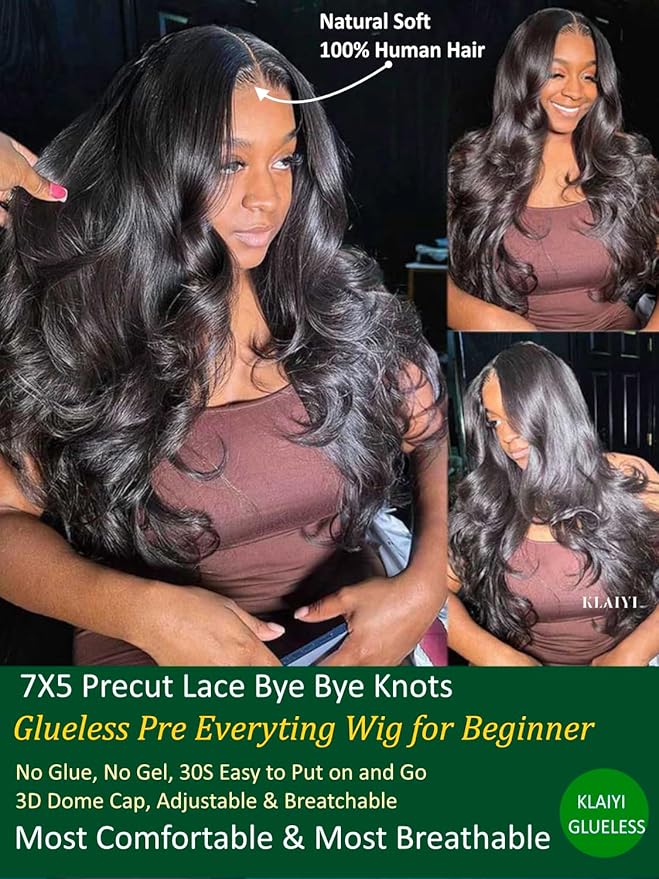 KLAIYI Body Wave Bye Bye Knots Glueless Wig 7x5 Pre Cut Lace Front Wigs Human Hair Wear and Go Wigs for Beginners Pre Bleached Pre Plucked Pre Everything 3S Easy to Ready to Wear Loose Wave Wig 18Inch