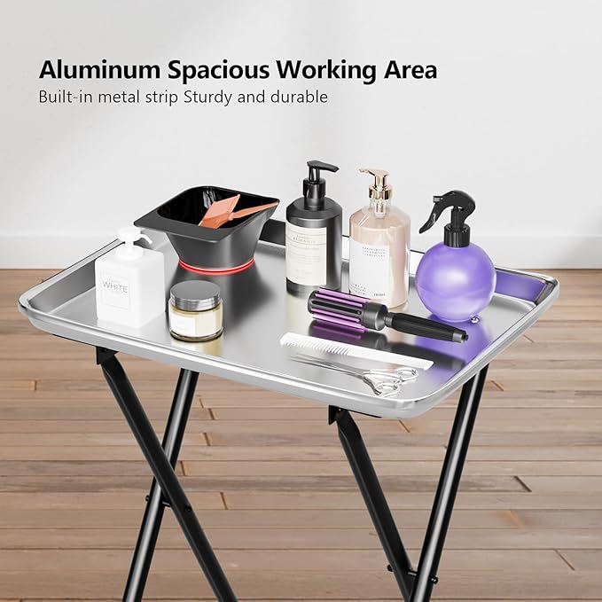 OmySalon Salon Tray on Wheels Folding Color Trays for Salon, Aluminium Tattoo Tray Rolling Trolley Cart Mobile Hair Cart for Cosmetology Stylist Hairdresser, Beauty Spa Service Storage Station