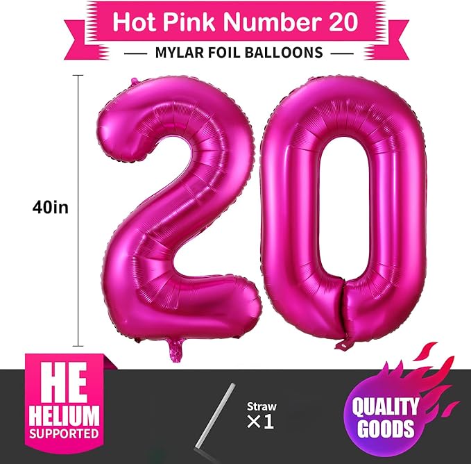Hot Pink 20 Balloon Numbers, 40 Inch 20 Birthday Balloon Foil Mylar Number 20 - Image 2
