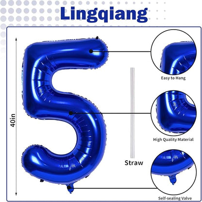 Navy Blue 5 Balloons, Self Inflating Digit 5 Balloons - Image 2
