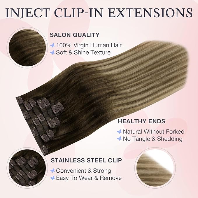 DOORES Invisible Clip in Hair Extensions 20 inch 150g 7pcs, Real Human Hair Invisi Edge Clip in Extensions, Virgin PU Clipins Straight Thickening Hairstyle, 4/27/4 Chocolate Brown to Caramel Blonde