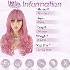 Haloo Pink Wigs with Bangs Long Wavy Layered Haircut Natural Looking Fluffy Synthetic Heat Resistant Hair Wig for Women Daily Party, 24 Inch