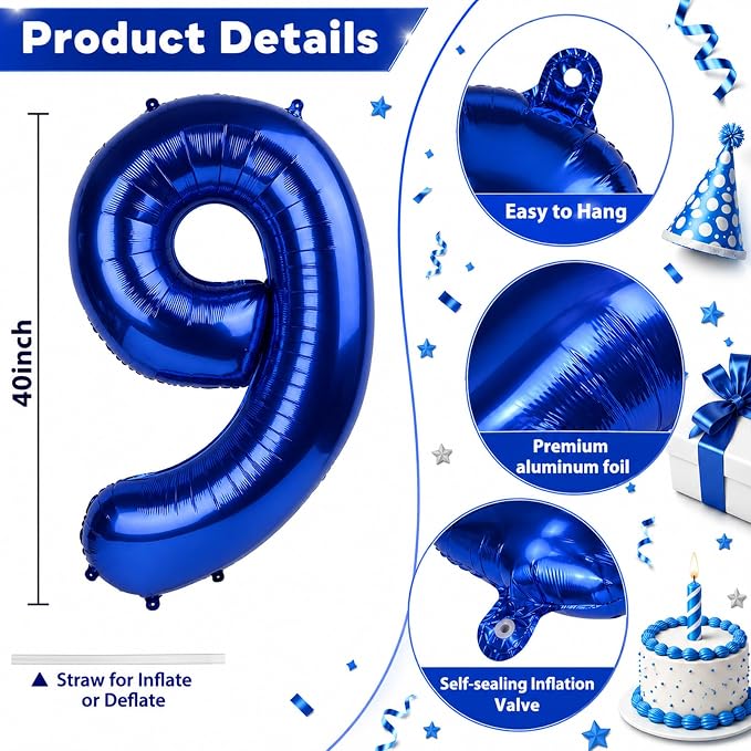 40 Inch Navy Blue Numbers 9 Balloons, Large Self Inflating Dark Blue Digital 9 - Image 2