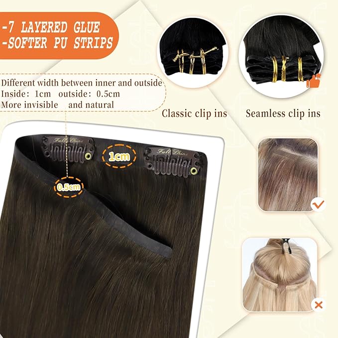 Full Shine Seamless Clip in Hair Extensions Brown Hair Clip in Extensions Pu Weft Real Hair Extension Clip ins Silky Straight Natural Hair 120 Grams 14 Inch 8 Pcs