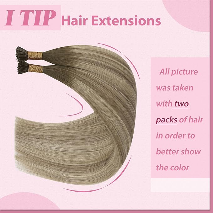 YoungSee Itip Human Hair Extensions Light Brown Ombre I Tip Hair Extensions Human Hair Balayage Light Brown with Blonde I Tip Extension Remy Hair 22 Inch 50g 50s for Wedding