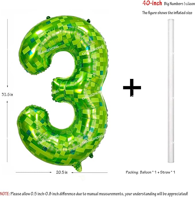 40 inch giant Green pixel miner game number 3 balloon | Large mining theme foil - Image 3