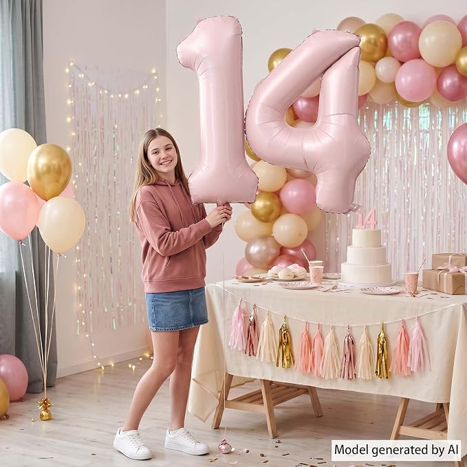 Baby Pink Number 14 Balloon 40 Inch, Pastel Blush Foil Digits Party Supplies | - Image 6
