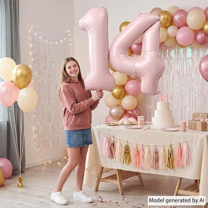Baby Pink Number 14 Balloon 40 Inch, Pastel Blush Foil Digits Party Supplies | - Image 6