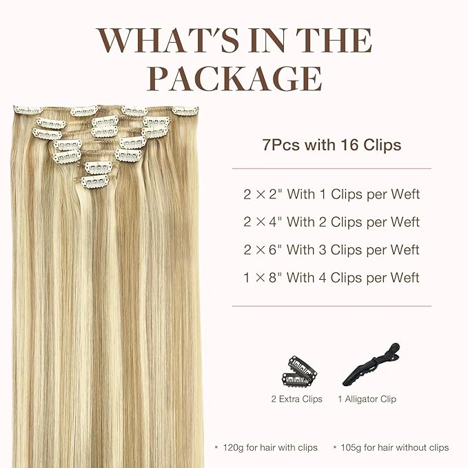 GOO GOO Clip in Hair Extensions Real Human Hair, Remy Human Hair Extensions Clip ins for Women, Natural Human Hair, 22inch 120g 7Pcs, 18A/613A Dark Blonde Highlighted Bleach Blonde