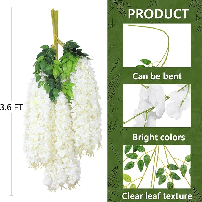 12Pcs Artificial Wisteria Flowers 3.6 Feet/Piece White Dense Artificial Fake - Image 3