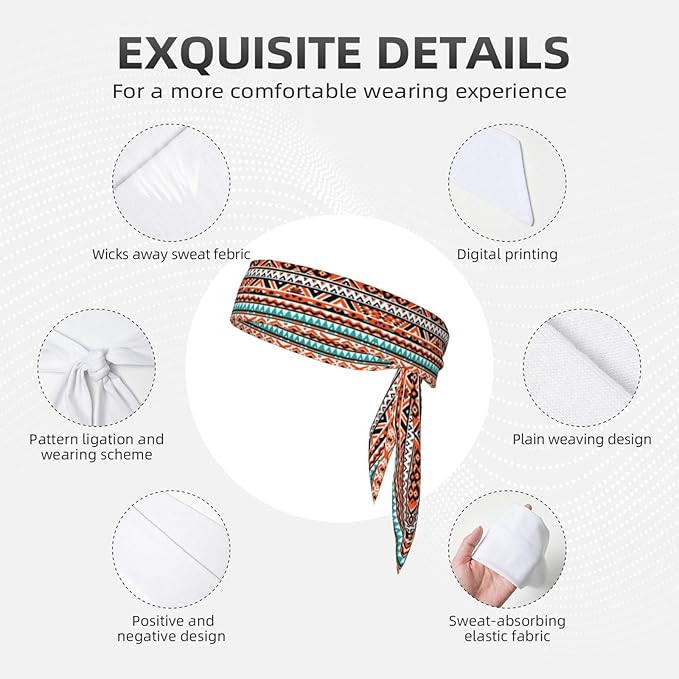 Men Women Beauty Skinny Sports Sweat Band Hand Decor for Running Travel Spa, Long Boho Style Indiana Western Southwest Tribal Ethnic Aztec Geometric Hair Band Headdress