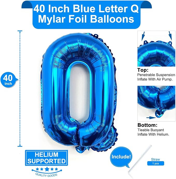 Lovoir 40 Inch Large Blue Letter Q Balloons Big Size Jumbo Mylar Foil Helium - Image 2