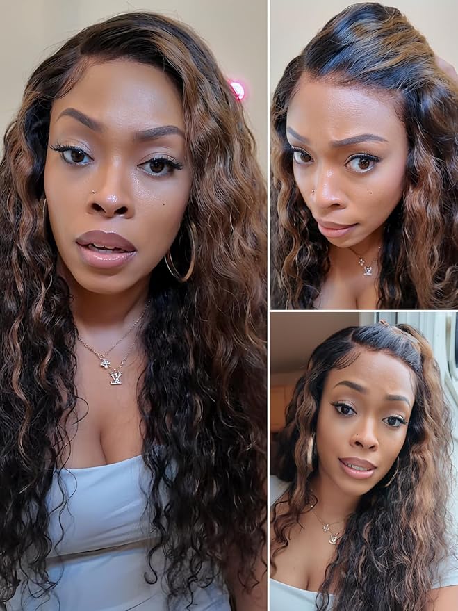 Julia Hair Golden Brown Highlight Water Wave and Jerry Curly Wig Mixed Curls 13X4 Lace Front Pre Everything Wigs Glueless Human Hair Lace Frontal with Invisi Drawstring Ready to Go 16 Inch