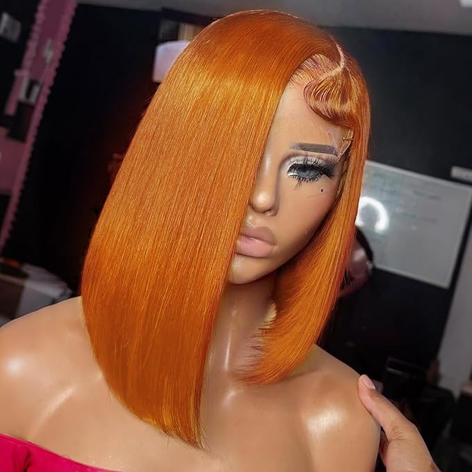 Ginger Orange Bob wig Human Hair 350# Colored Bob Wig 13x4 HD Transparent Lace Frontal Wigs Human Hair Straight Short Bob Wigs for Black Women (12inch, Ginger Bob Wig)