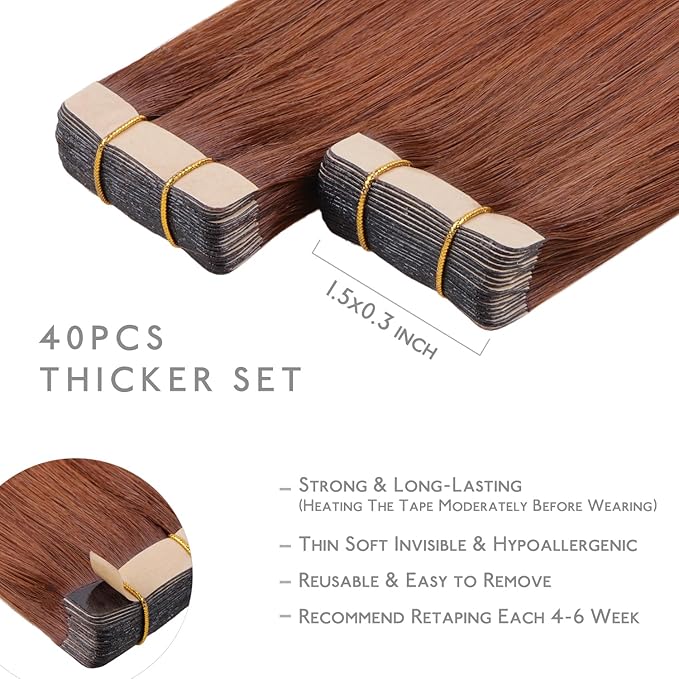 WENNALIFE Tape in Hair Extensions Human Hair, 40pcs 100g 18 inch Dark Auburn Copper Hair Extensions Real Human Hair Straight Tape in Extensions Invisible Human Hair Extensions Reusable Real Hair Exten