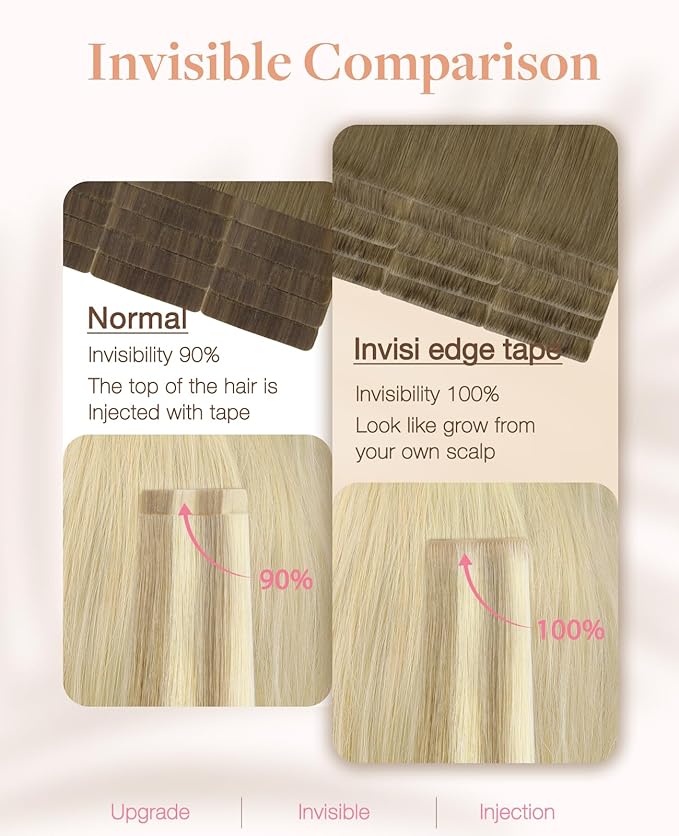 GOO GOO Invisi Edge Tape in Hair Extensions Human Hair, 9/60 Balayage Ash Brown to Platinum Blonde, 20pcs 22inch 50g, Virgin Remy Hair, Seamless Injected Tape, Natural Look
