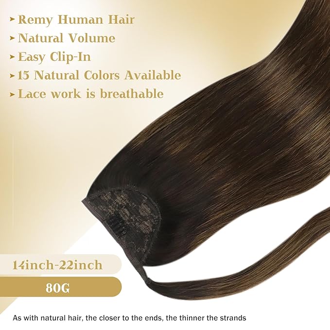 Ve Sunny Hair Extensions Ponytail Real Human Hair Wrap Around Clip in Ponytail Hair Extensions Straight Extensions Human Hair for Women Dark Brown Balayage Chestnut Brown 18inch 80G