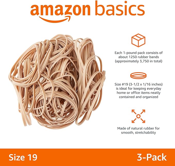 Amazon Basics Rubber Bands, Size 19 (3-1/2 x 1/16 Inch), 1250 Bands/1 lb. Pack, 3-Pack, Tan