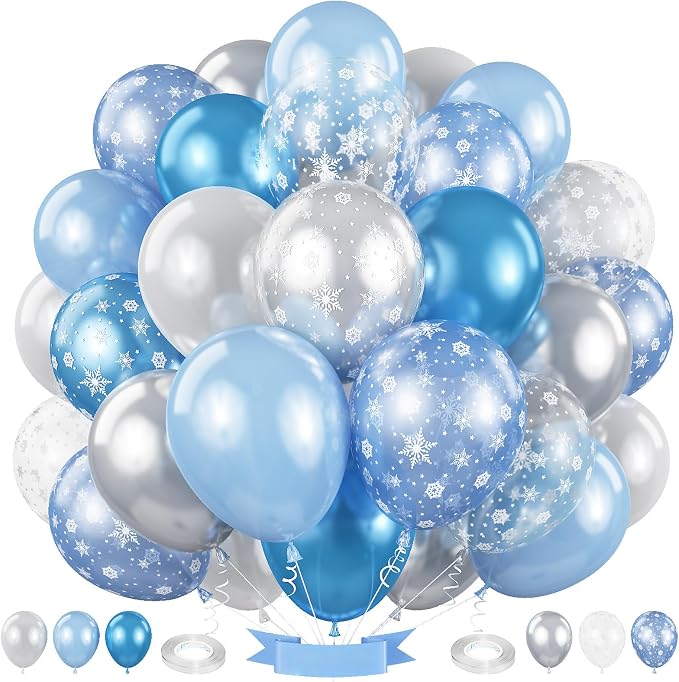 Snowflake Balloons Winter Blue White Silver Balloons Metallic Pearl Blue Silver by HILAVO