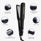 iQUE Flat Iron Hair Straightener & Curler 2-in-1 | Titanium Plates with Ionic Function | Heats in 2 Sec | Adjustable Temp up to 480°F | LCD Display | Dual Styling Tool | Dual Voltage 100-240V | 1.75"