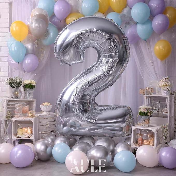 AULE 40 Inch Silver 2 Balloon Number Foil 0-9 Birthday Big Numbers | Birthday - Image 2