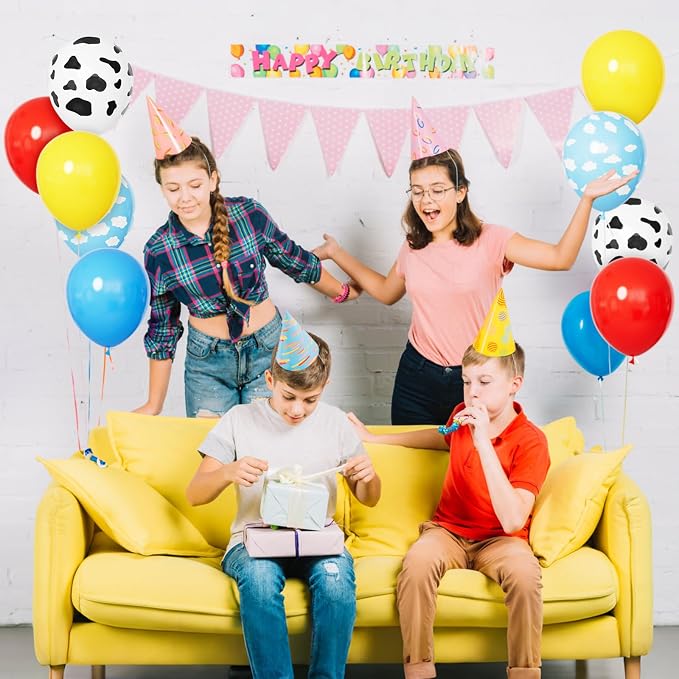 68Pcs Red Yellow Blue Toy Balloons 12 Inch Light Blue Cloud Cow Print Balloons - Image 4