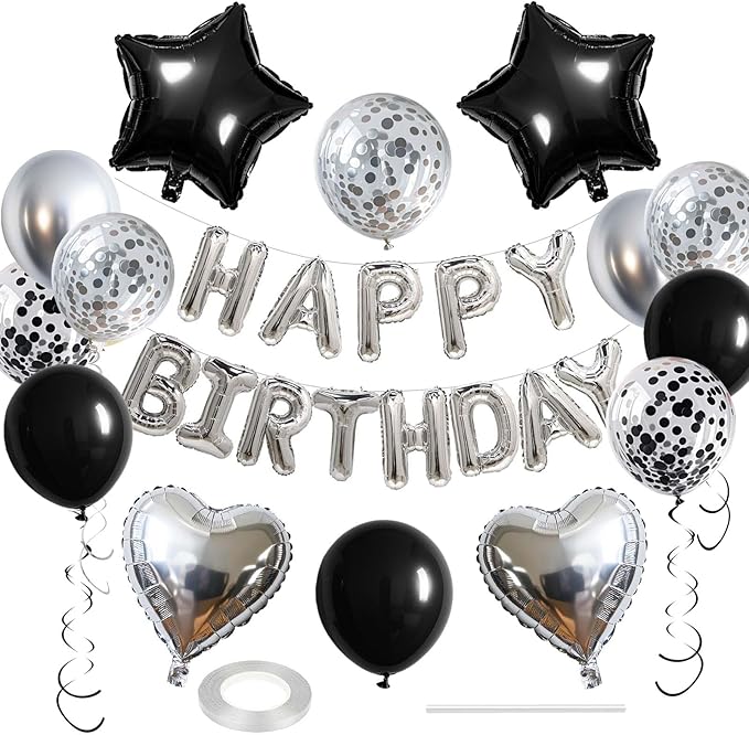 27 Pcs Silver Black Birthday Decorations, 3D Letters Silver Happy Birthday by WEIKA