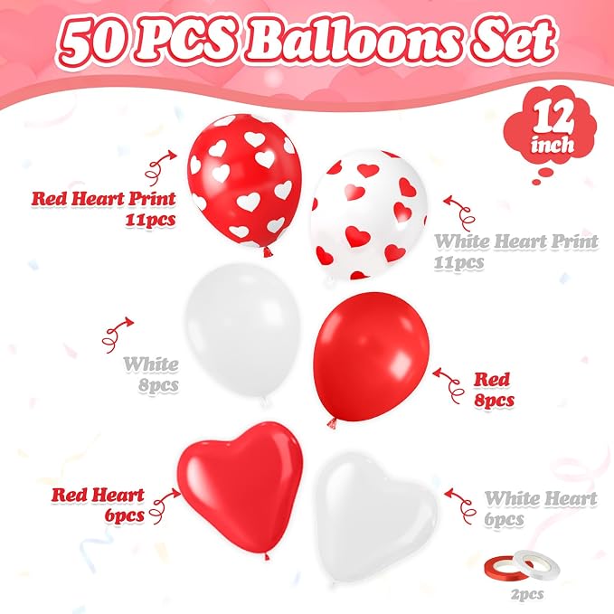 FunHot Valentines Balloons, 12 Inch White Heart Printed Latex Balloons - Image 2
