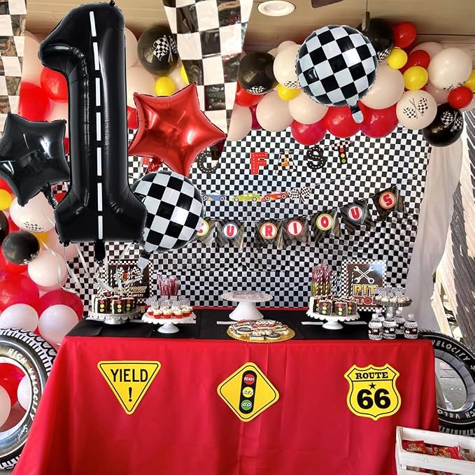 TONIFUL 40 Inch Race Car 1st Birthday Balloons Racetrack Number 1 Black White - Image 6