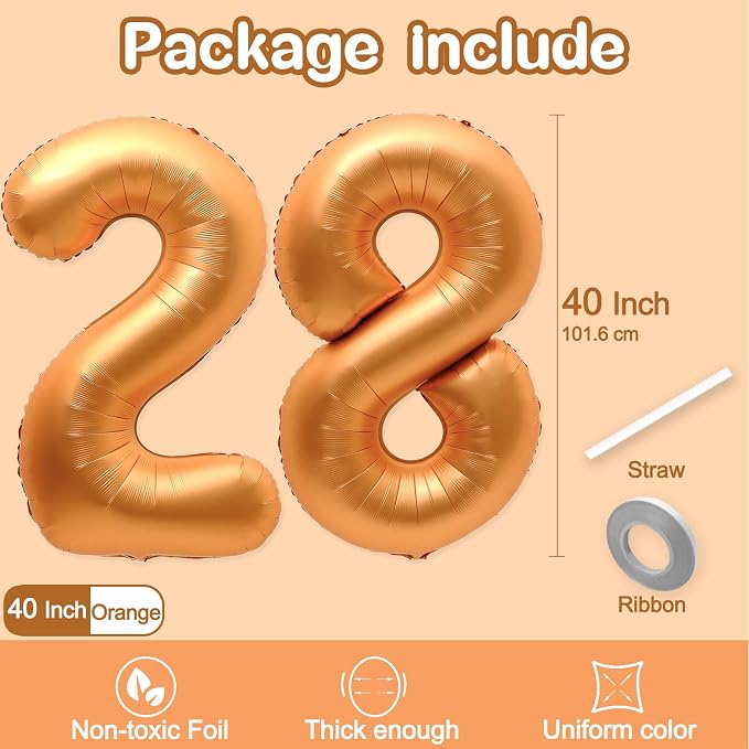 28 Balloon Number, 40 Inch Orange Foil Balloons Giant Jumbo Helium Number 28 or - Image 2