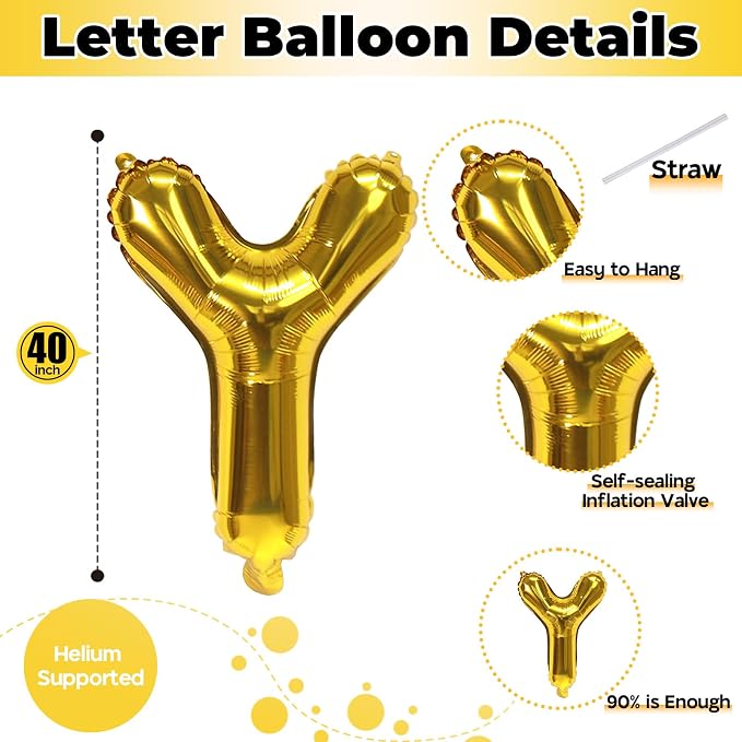 Gold Letter Balloons, 40 Inch Mylar Custom Alphabet Name Balloons - Image 2