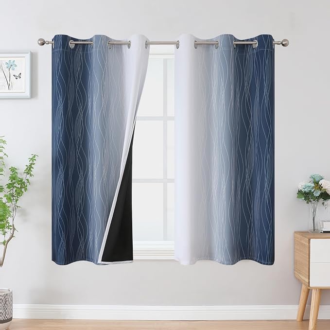 Navy Blue and Greyish White Blackout Curtains 54 Inch Length, Light Blocking by ESTELARTEXTILER