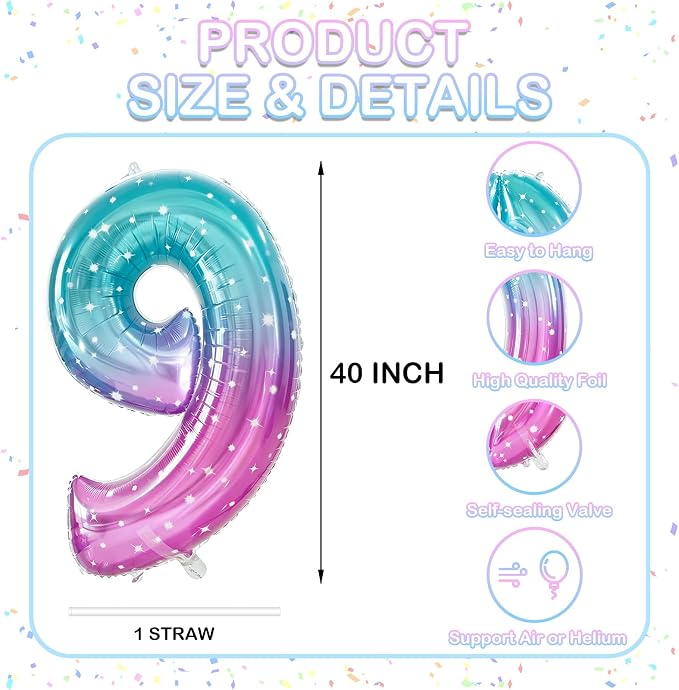 Number 9 Foil Balloon with Crown, 40-Inch Gradient | Gradient star print number - Image 2