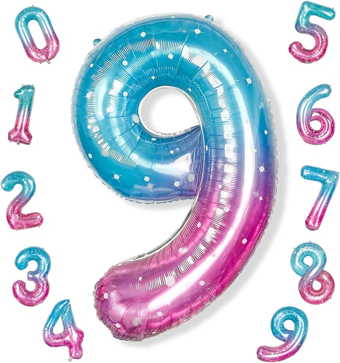 Mermaid Starry Number 9 Balloons, 40 Inch Large Purple Blue Pink Foil Number by Isndare