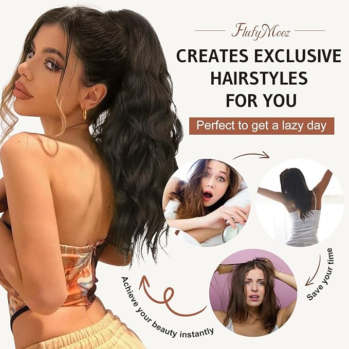 FLUFYMOOZ Ponytail Extension, 18 Inch Claw Clip Ponytail Extension, Wavy Curly Claw Clip in Ponytail Hair Extensions, Natural Ponytail Synthetic Hairpiece for Women (Ash Brown with Blonde Highlights)