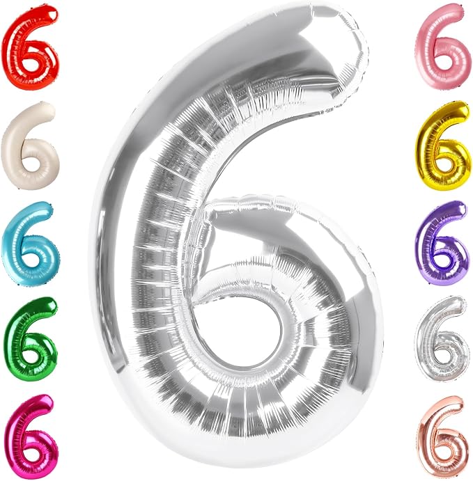 6 Balloon Numbers Birthday Decorations, 40In Silver Balloons by Mluchee