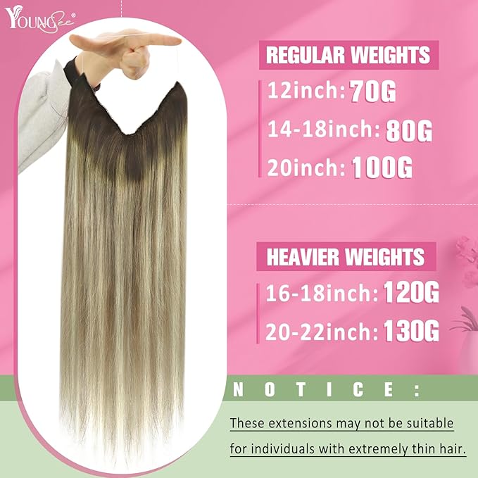 YoungSee Invisible Wire Hair Extensions Brown Balayage Human Hair Wire Extensions Walnut Brown Ombre Blonde Highlights One Piece Hair Extensions Heat-Stylable Straight Hair 16inch 80g