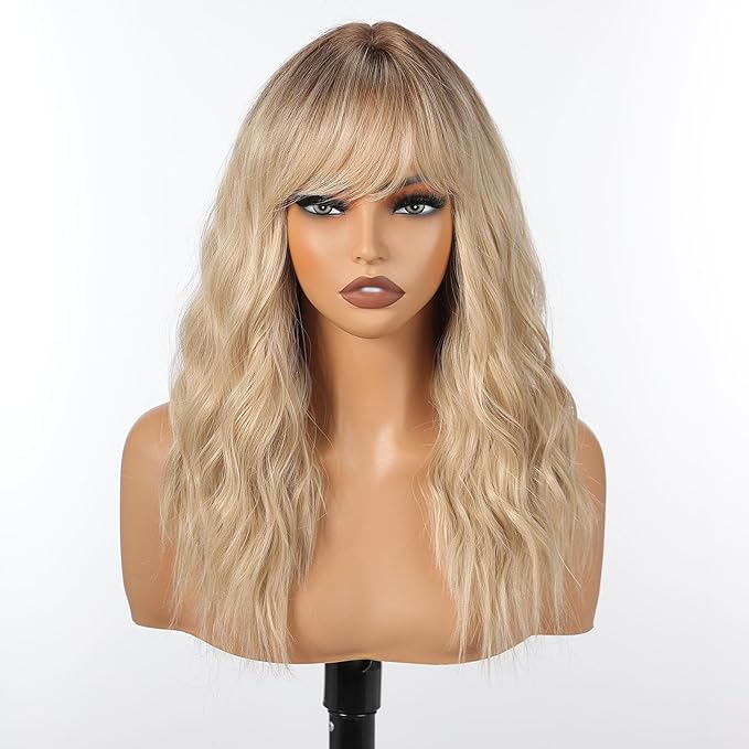 Curly Bob Wig with Bangs Short Wavy Ombre Blonde Wigs for Women Bob Style Synthetic Heat Resistant Bob Wigs 14IN