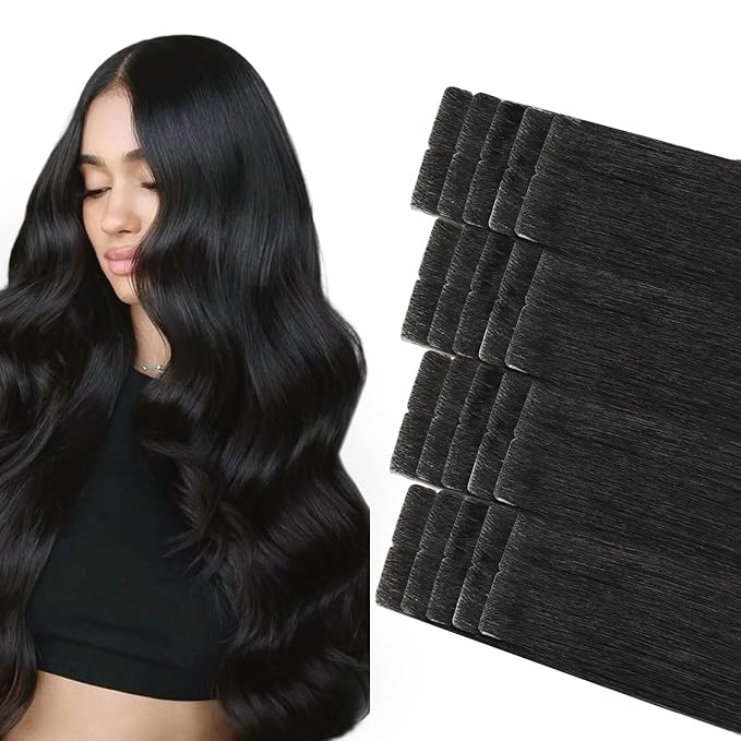 COOKAYU Invisible Tape in Extensions Human Hair, Natural Black Seamless Injected Tape Ins Remy Hair 20Inch 45g 20pcs Straight Invisi Edge Extensions Silky Smooth