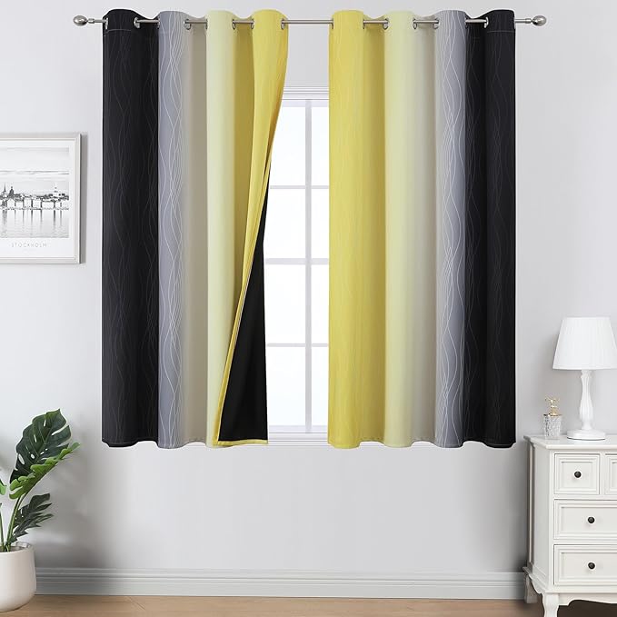 Black and Yellow Ombre Blackout Curtains 45 Inches Long, Full Room Darkening by ESTELARTEXTILER
