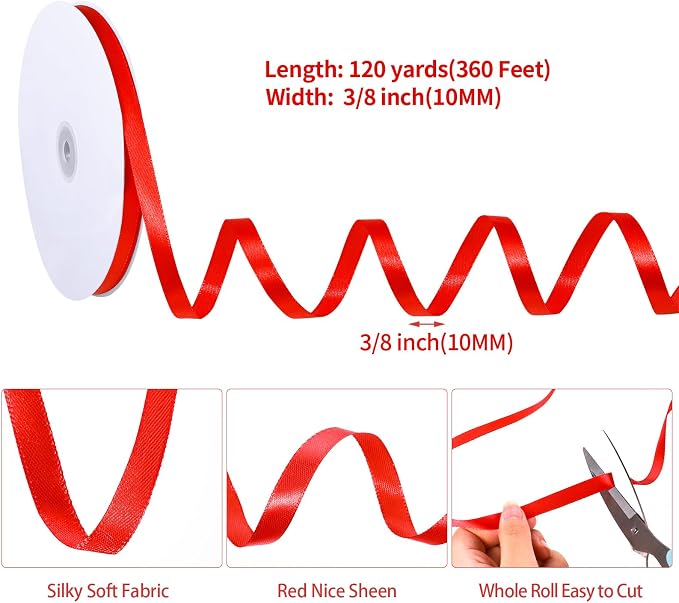 woric Red Satin Ribbon 120 Yards 3/8 Inch Thin Ribbon - Image 2