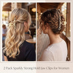 Rhinestone Hair Claw Clip, Large Metal Gold Claw Clip for Thick Hair, Sparkly Hair Accessories for Women (2 Pack)