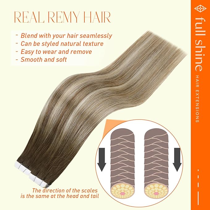 Full Shine Balayage Tape in Hair Extensions Human Hair Color Dark Brown to Ash Brown and Blonde 3/8/22 Tape in Extension Glue 18 INCH Add Length 40PCS 100G for Daily Wear