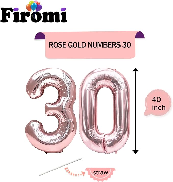 FIROMI 30 Foil Number Balloons Rose Gold 40-inch Big Mylar Balloon Numbers | - Image 2