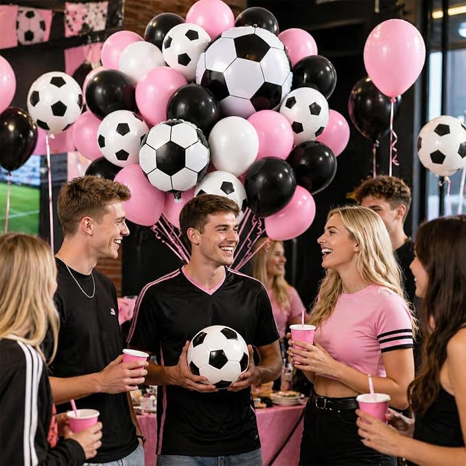 Pink Soccer Balloons, 12Inch Pastel Pink and Black White Football Print Latex - Image 6