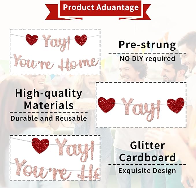 Rose Gold Glitter Welcome Home Banner, Yay! You're Home Banner - Image 2
