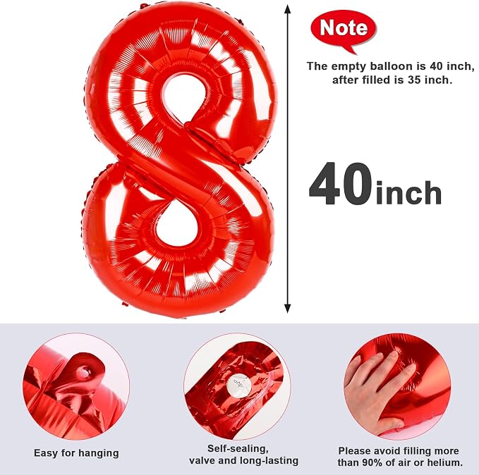 8 Balloon Numbers Birthday Decorations, 40In Red Balloons - Image 5