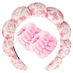 Zkptops Spa Headband for Washing Face Wristband Set Sponge Makeup Skincare Velvet Fabric Bubble Soft Get Ready Hairbands for Women Puffy Headwear Non Slip Thick Thin Hair Accessory(Pink Bow)